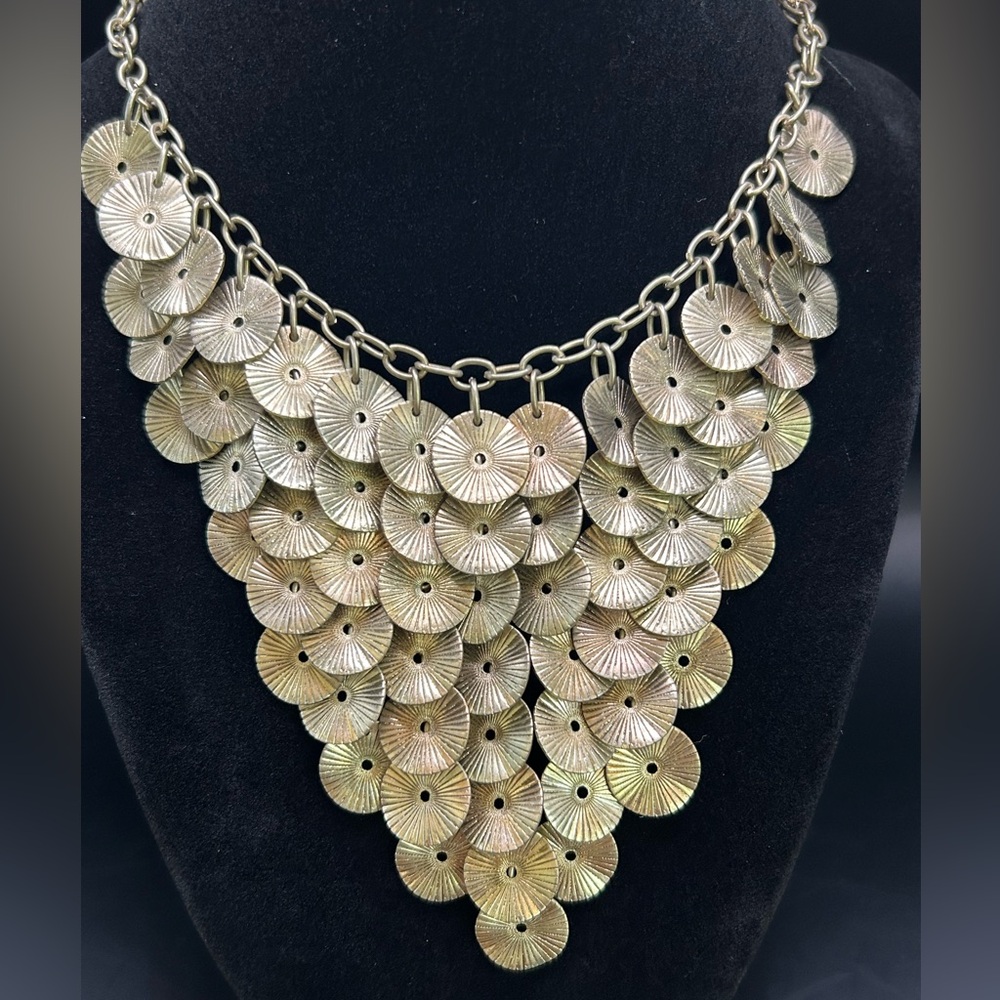 VTG 80’s Art Deco Gold Tone Dbl Link Bib Style Disc Coin Choker Necklace 19”+3”